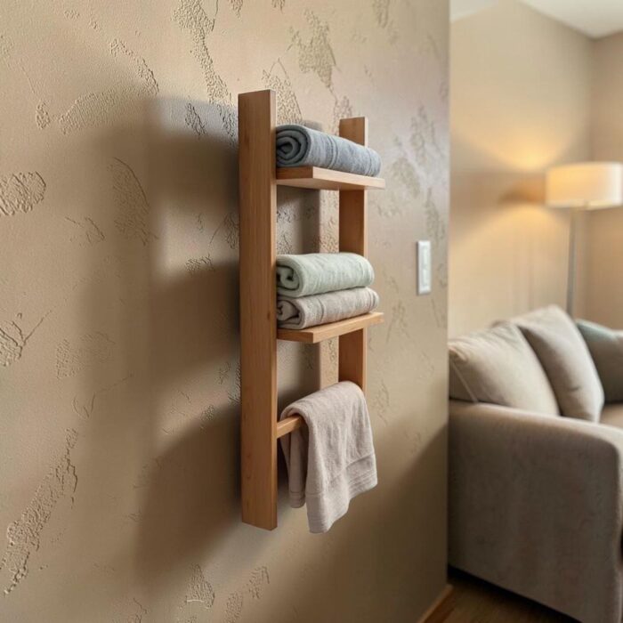 Wall-Mounted Wooden Towel Rack with 2 Storage Shelves and Towel Bar (50 × 30 cm, Natural Brown)