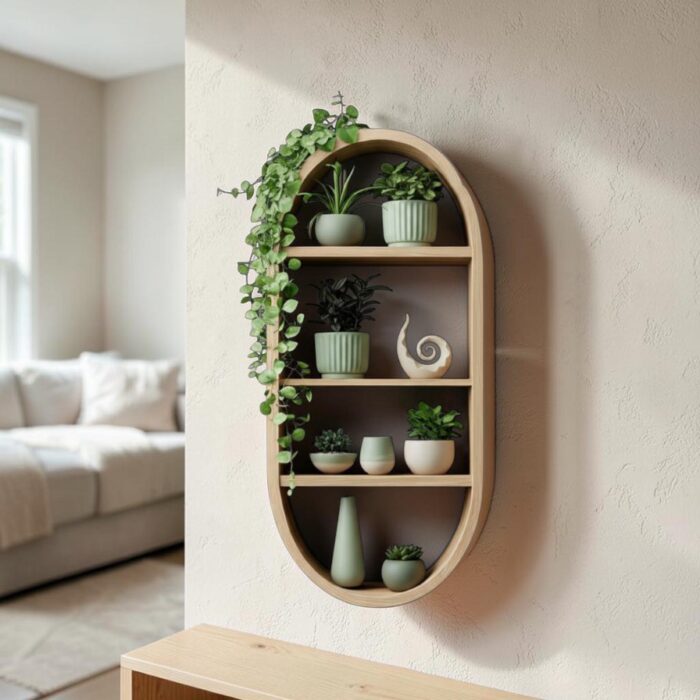 Oval Wooden Wall-Mounted Display Shelf for Plants and Home Décor (Natural Brown)